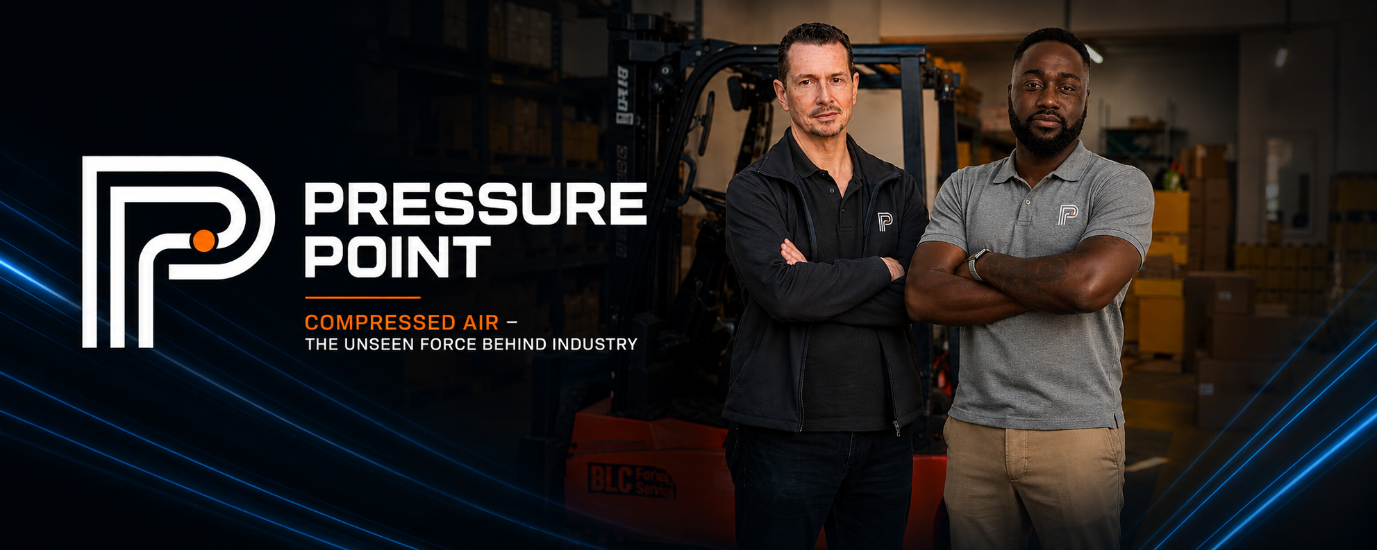 Pressure Point podcast hosts standing in an industrial warehouse